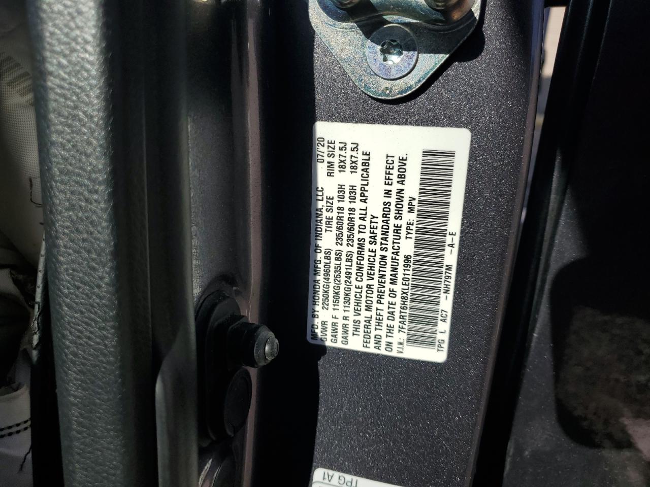 2020 Honda Cr-V Exl VIN: 7FART6H8XLE011996 Lot: 83861145