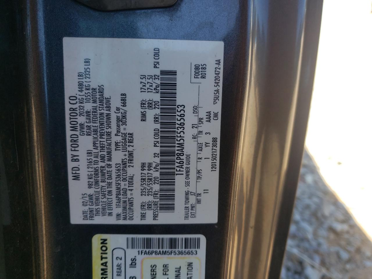 2015 Ford Mustang VIN: 1FA6P8AM5F5365653 Lot: 81881065