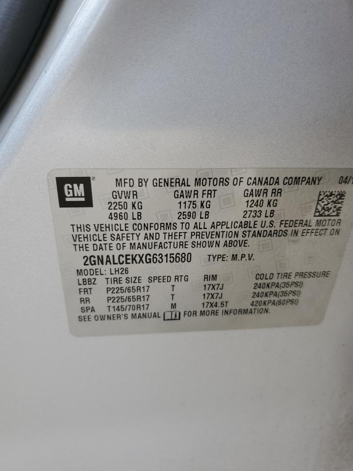 2016 Chevrolet Equinox Lt VIN: 2GNALCEKXG6315680 Lot: 80692705