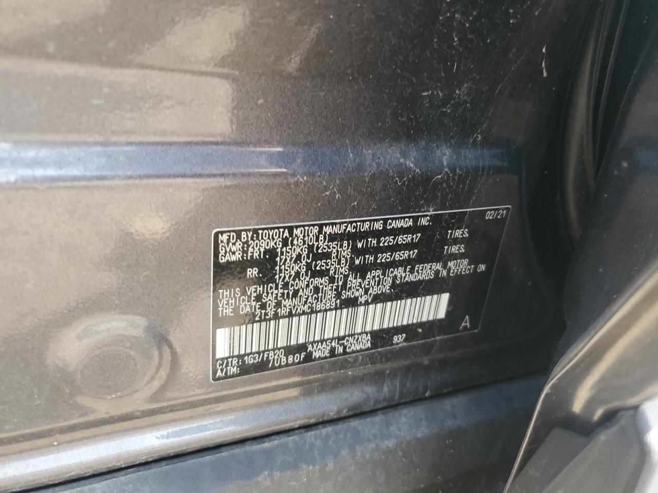 2021 Toyota Rav4 Le VIN: 2T3F1RFVXMC186891 Lot: 69127405