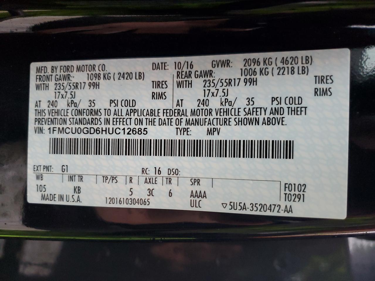 2017 Ford Escape Se VIN: 1FMCU0GD6HUC12685 Lot: 81248275