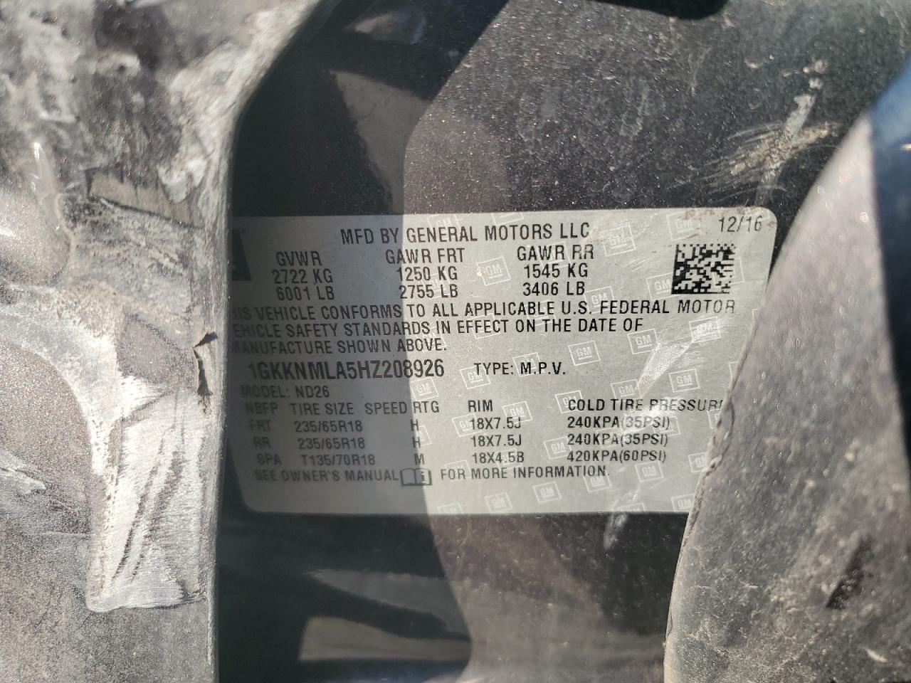 2017 GMC Acadia Slt-1 VIN: 1GKKNMLA5HZ208926 Lot: 80622665
