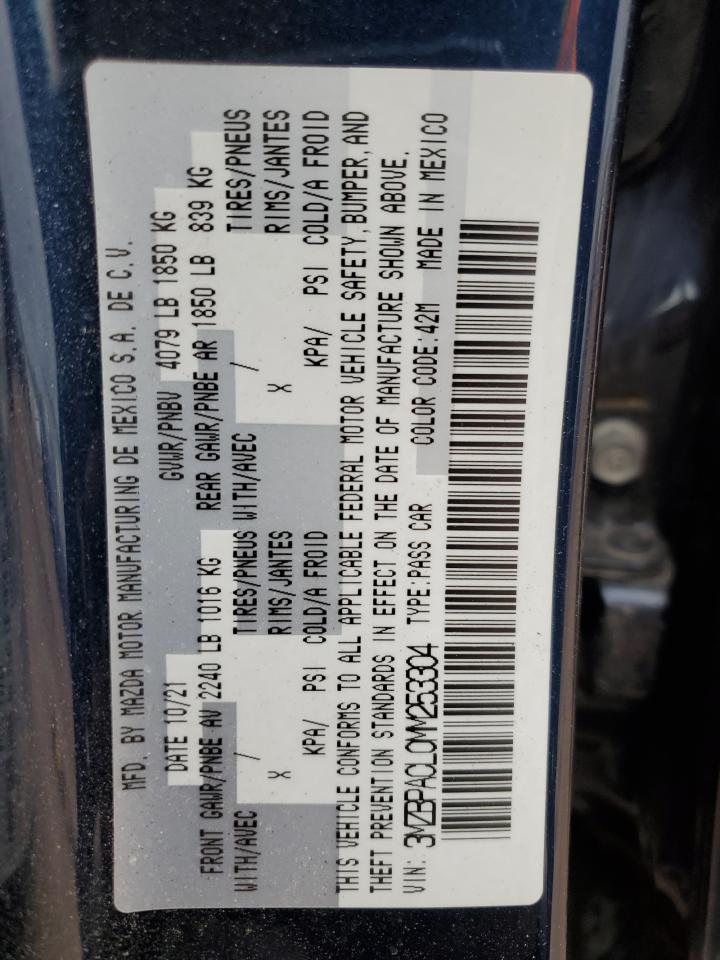 2021 Mazda 3 Preferred VIN: 3MZBPACL0MM253304 Lot: 80893135