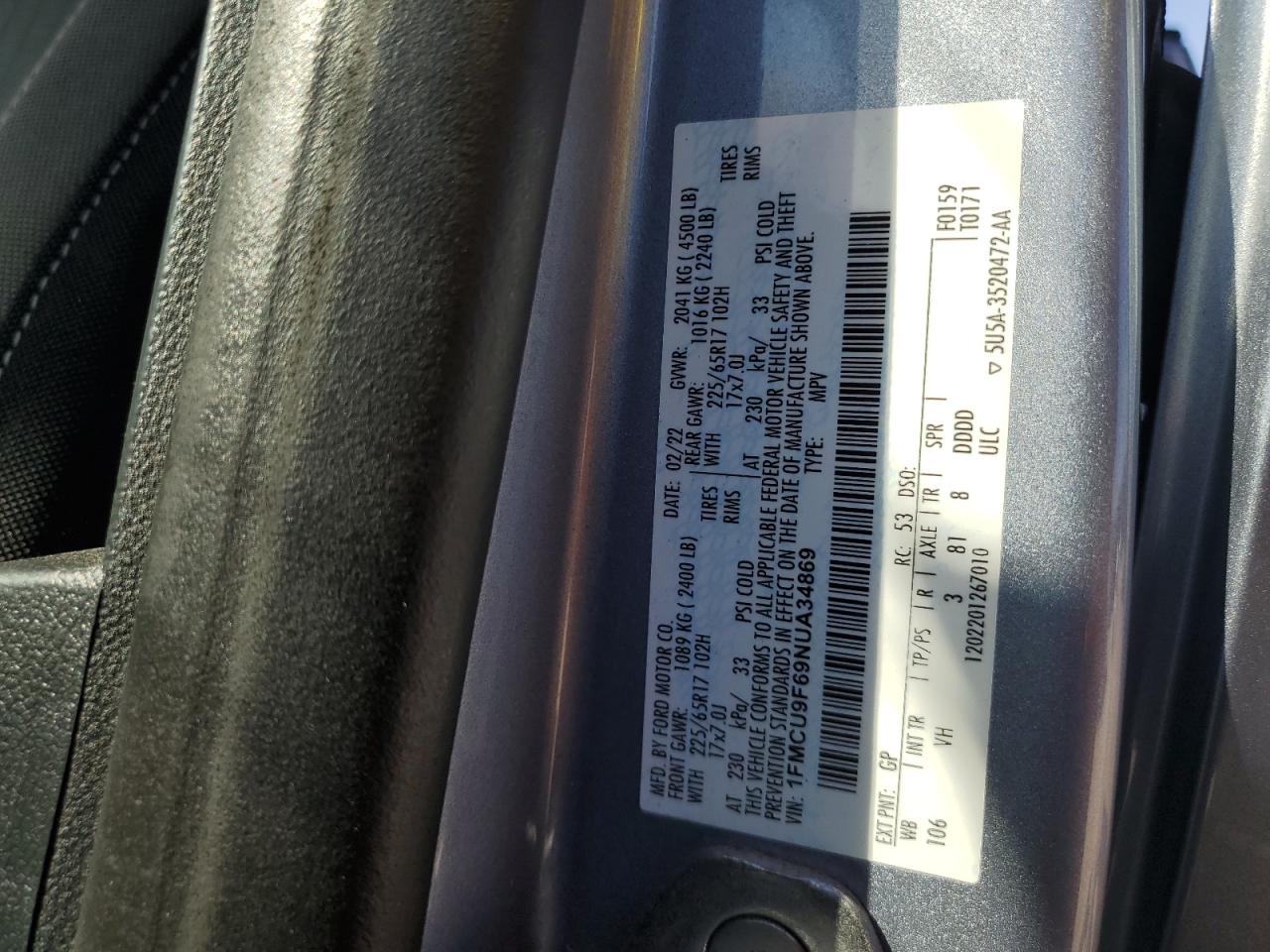 2022 Ford Escape S VIN: 1FMCU9F69NUA34869 Lot: 81760545