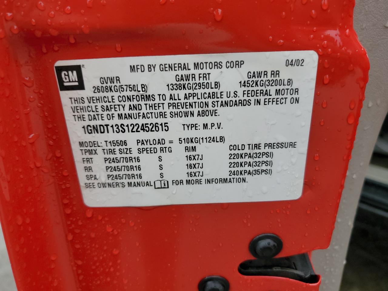 2002 Chevrolet Trailblazer VIN: 1GNDT13S122452615 Lot: 81550355