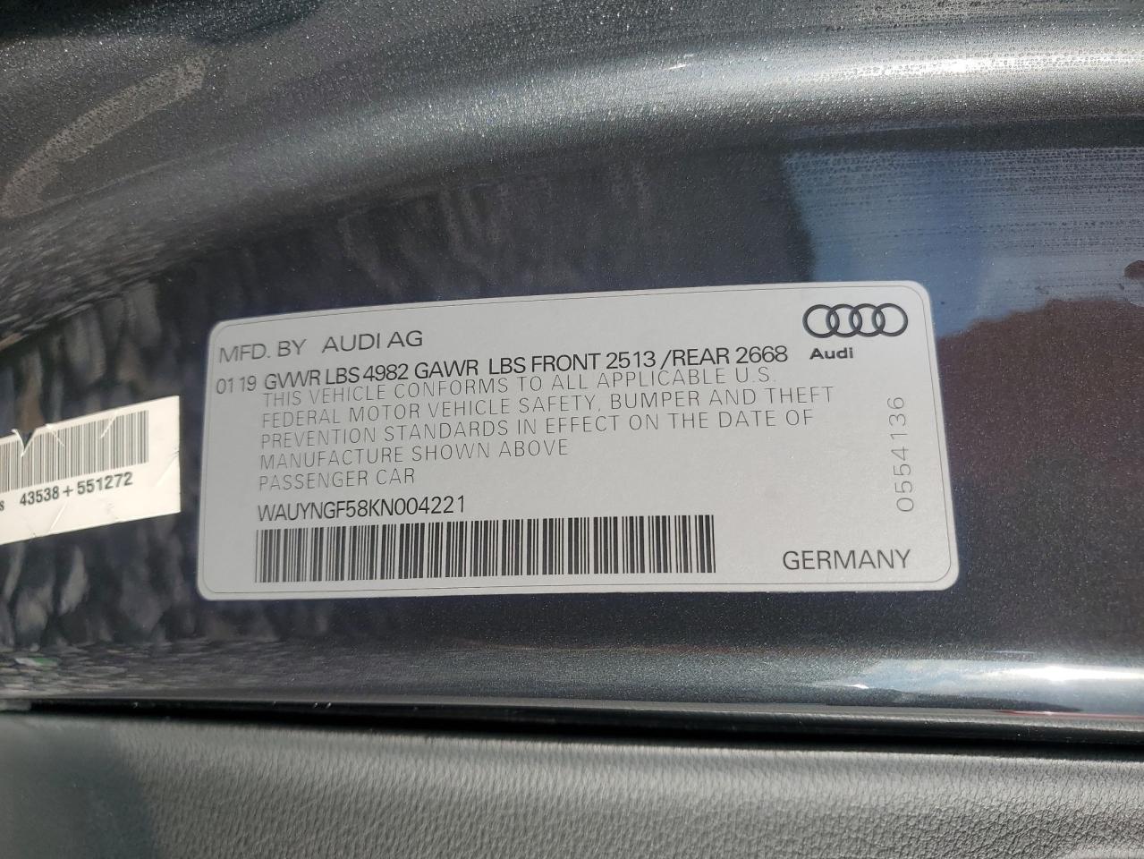 2019 Audi A5 Premium Plus VIN: WAUYNGF58KN004221 Lot: 81485435