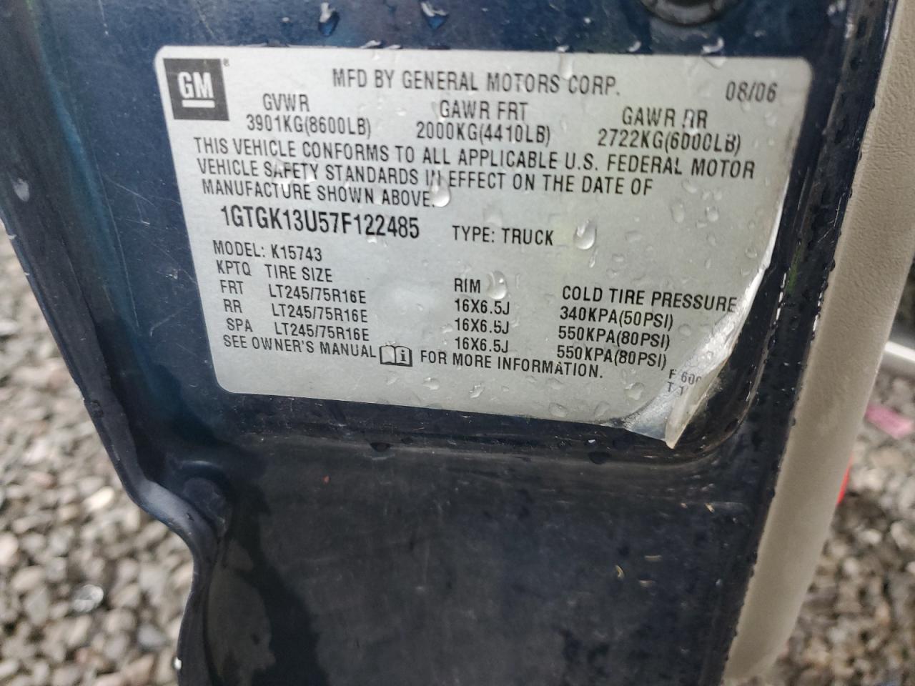 2007 GMC Sierra K1500 Classic Hd VIN: 1GTGK13U57F122485 Lot: 72036595