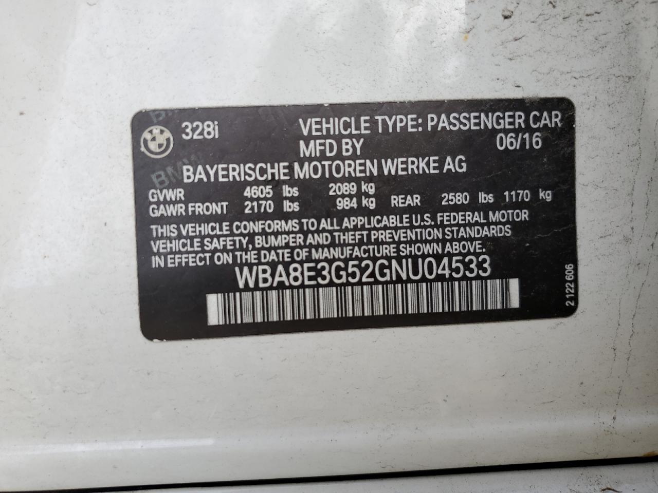 2016 BMW 328 Xi Sulev VIN: WBA8E3G52GNU04533 Lot: 70460255