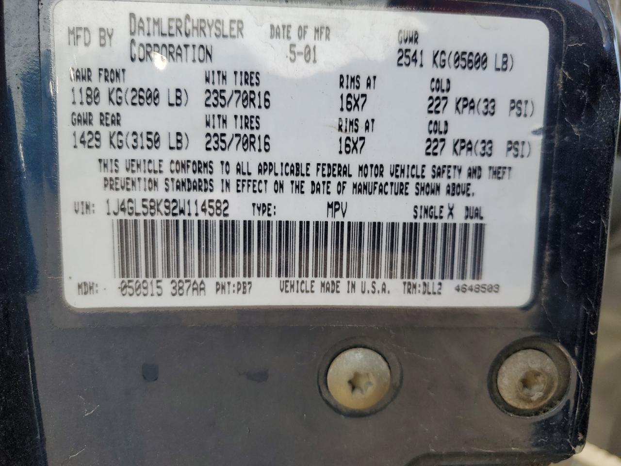 2002 Jeep Liberty Limited VIN: 1J4GL58K92W114582 Lot: 71907865