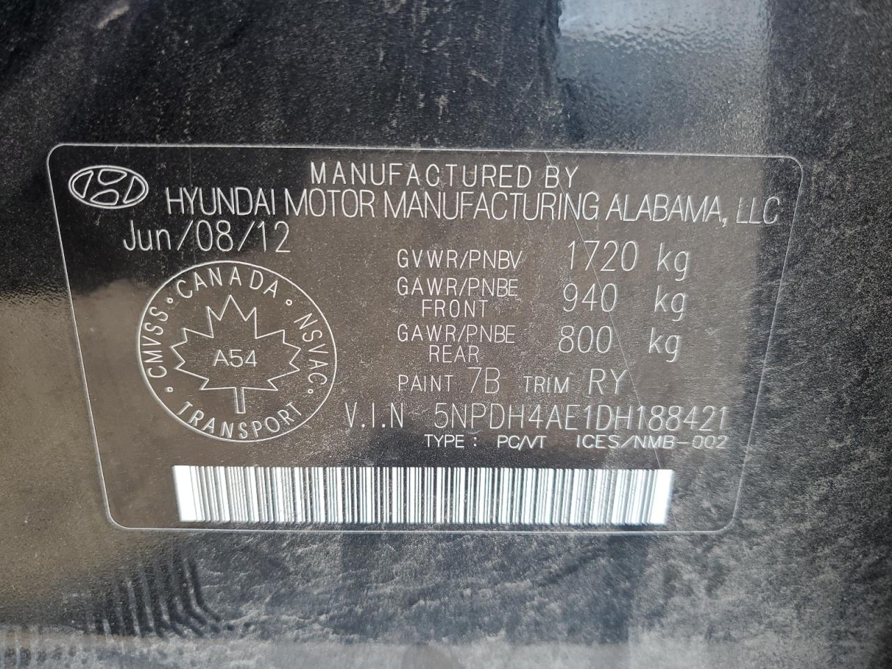 2013 Hyundai Elantra Gls VIN: 5NPDH4AE1DH188421 Lot: 71016975