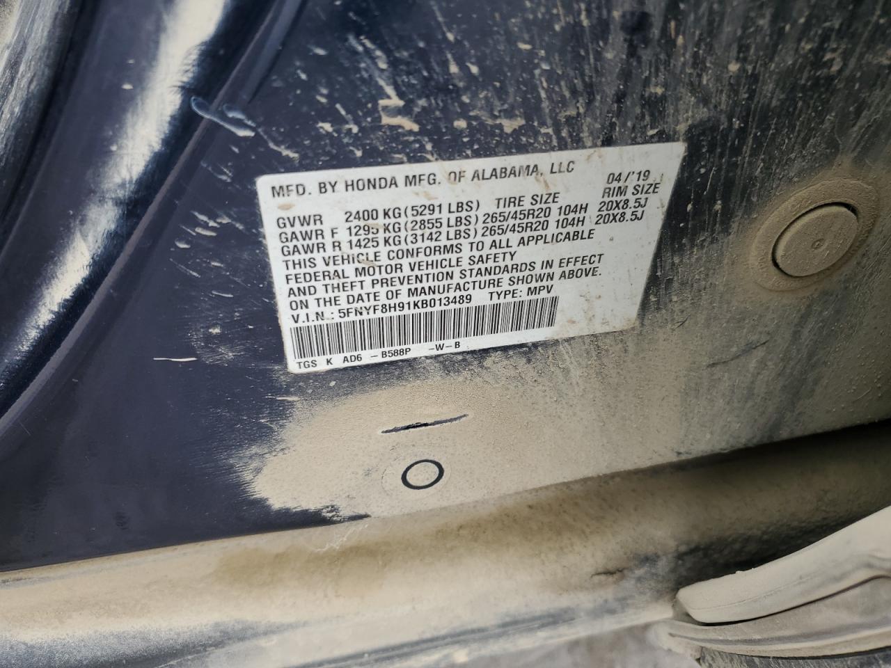 2019 Honda Passport Touring VIN: 5FNYF8H91KB013489 Lot: 81443725