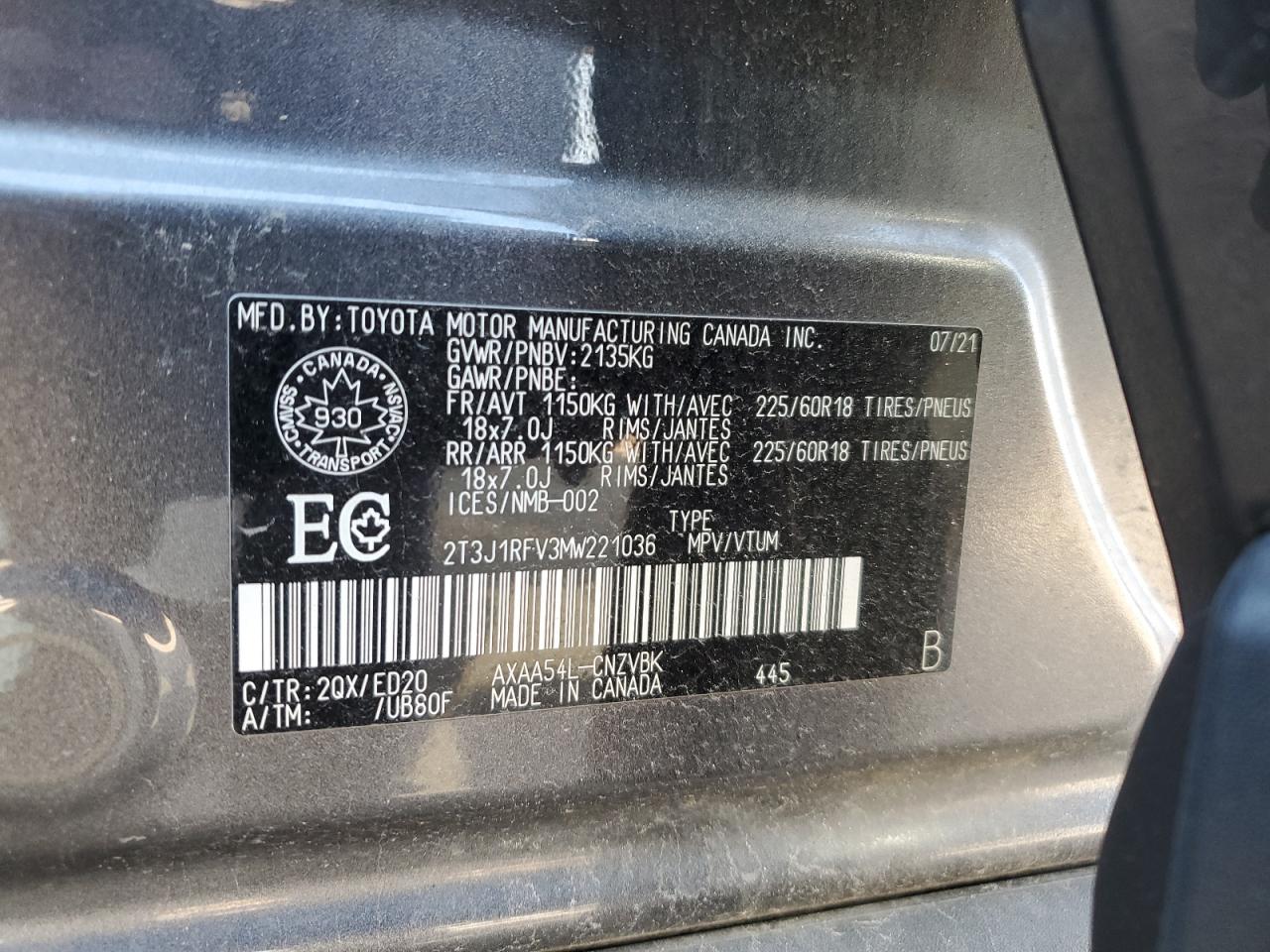 2021 Toyota Rav4 Adventure VIN: 2T3J1RFV3MW221036 Lot: 80748265