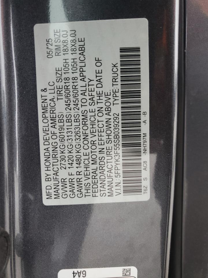 2025 Honda Ridgeline Rtl VIN: 5FPYK3F55SB039292 Lot: 81417865