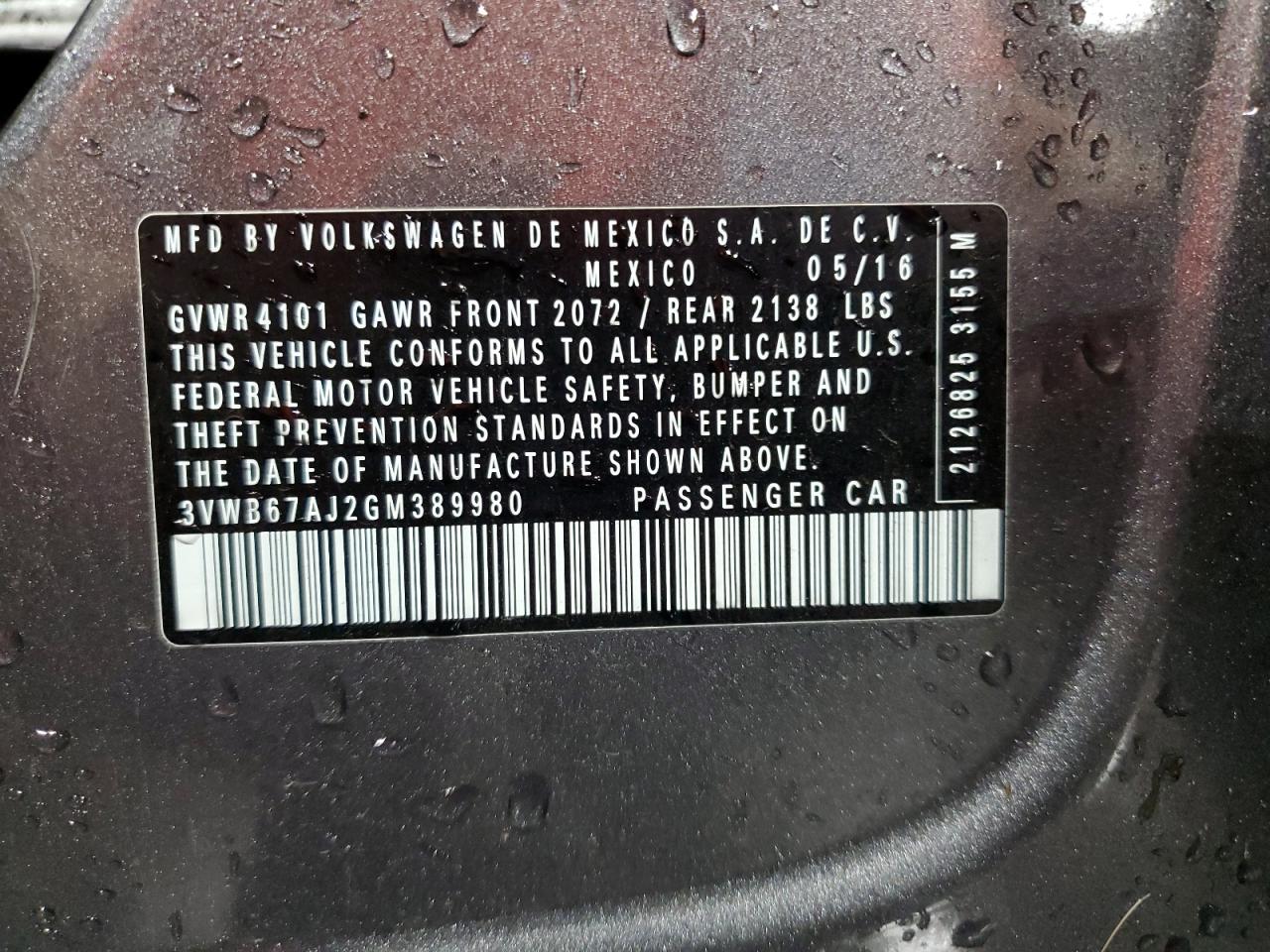 2016 Volkswagen Jetta Se VIN: 3VWB67AJ2GM389980 Lot: 80634635