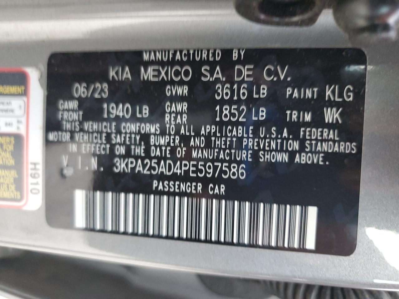 2023 Kia Rio S VIN: 3KPA25AD4PE597586 Lot: 83866845