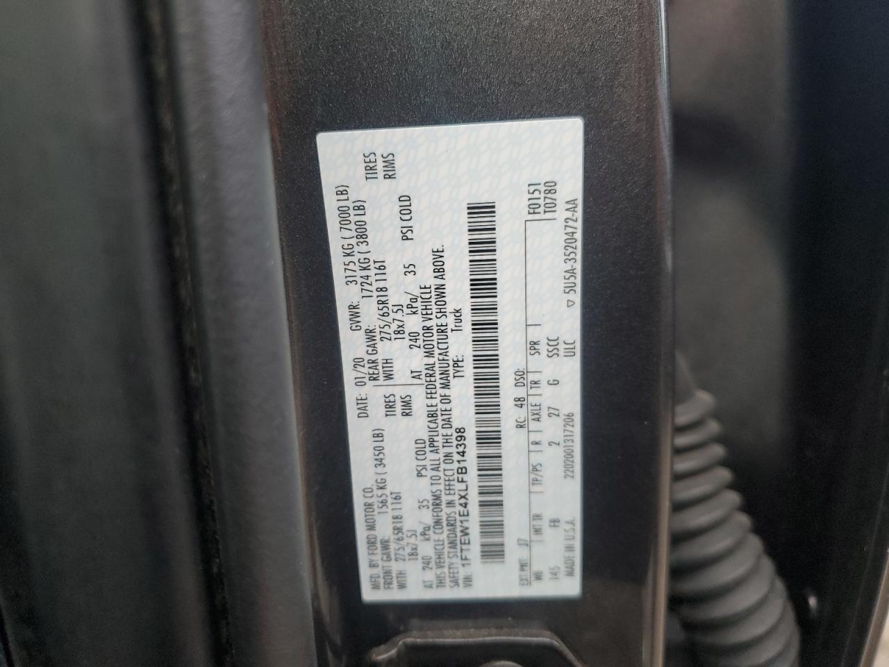 2020 Ford F150 Supercrew VIN: 1FTEW1E4XLFB14398 Lot: 83850395
