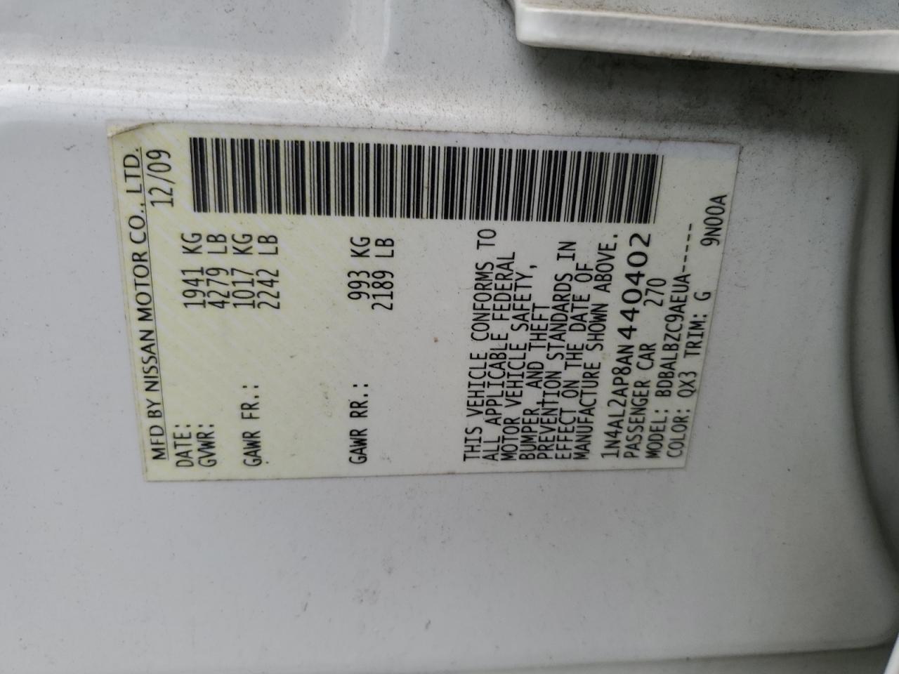 2010 Nissan Altima Base VIN: 1N4AL2AP8AN440402 Lot: 80326755