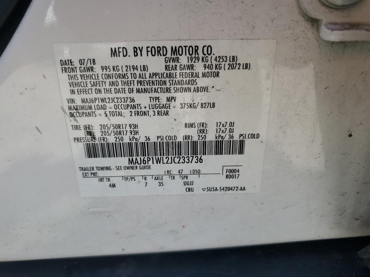 2018 Ford Ecosport Titanium VIN: MAJ6P1WL2JC233736 Lot: 81048815