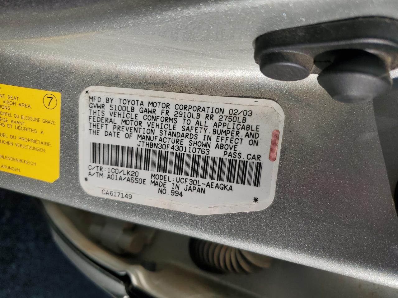 2003 Lexus Ls 430 VIN: JTHBN30F430110763 Lot: 71753765