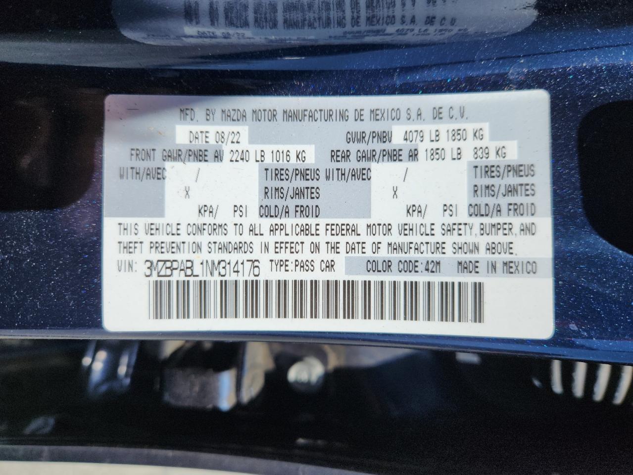 2022 Mazda 3 Select VIN: 3MZBPABL1NM314176 Lot: 71789185