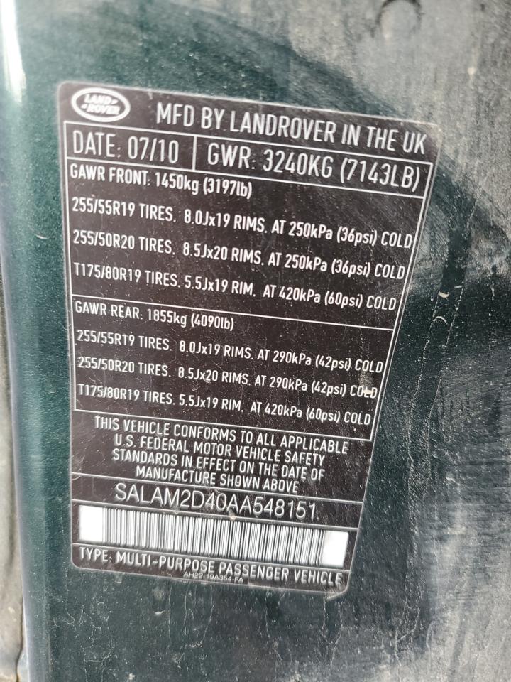2010 Land Rover Lr4 Hse Plus VIN: SALAM2D40AA548151 Lot: 80638805