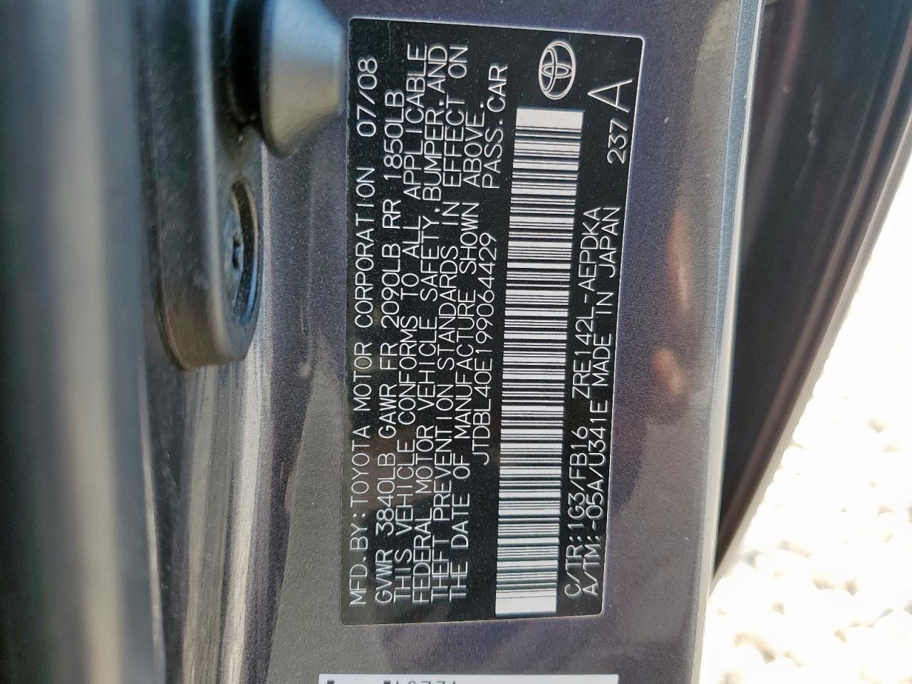 2009 Toyota Corolla Base VIN: JTDBL40E199064429 Lot: 80520695