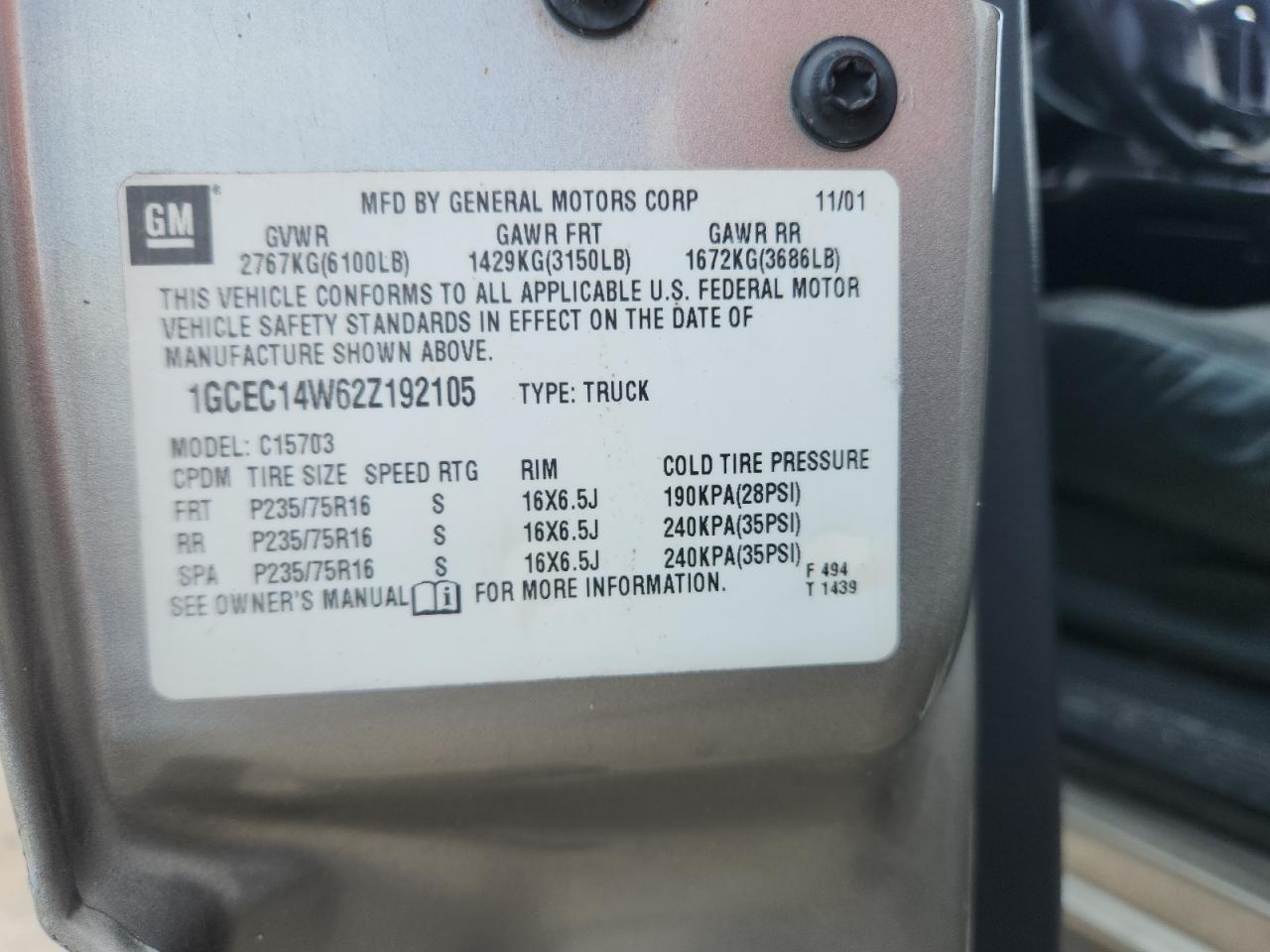 2002 Chevrolet Silverado C1500 VIN: 1GCEC14W62Z192105 Lot: 80572975