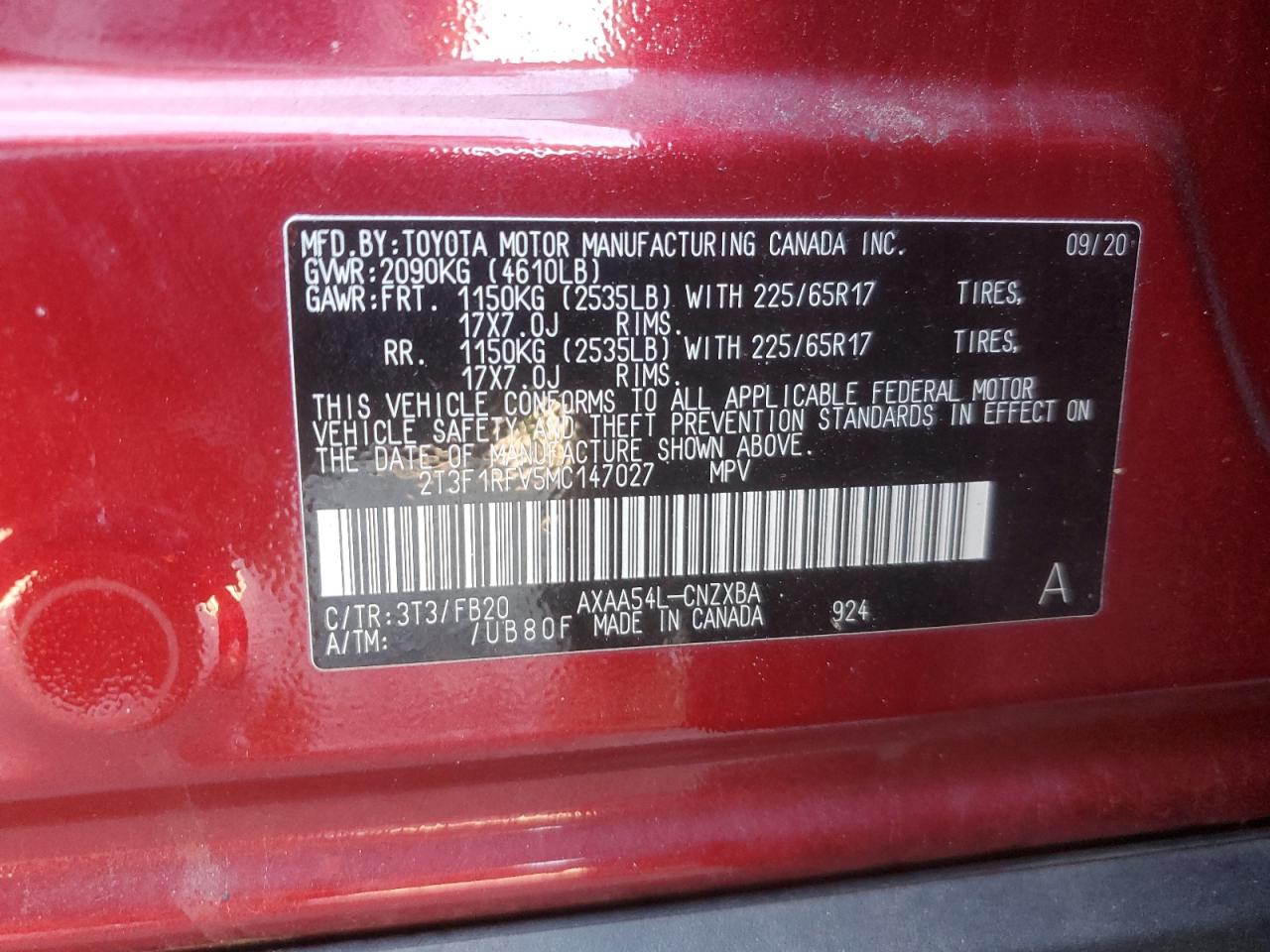 2021 Toyota Rav4 Le VIN: 2T3F1RFV5MC147027 Lot: 71088175