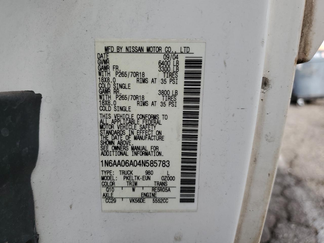 2004 Nissan Titan Xe VIN: 1N6AA06A04N585783 Lot: 84276535