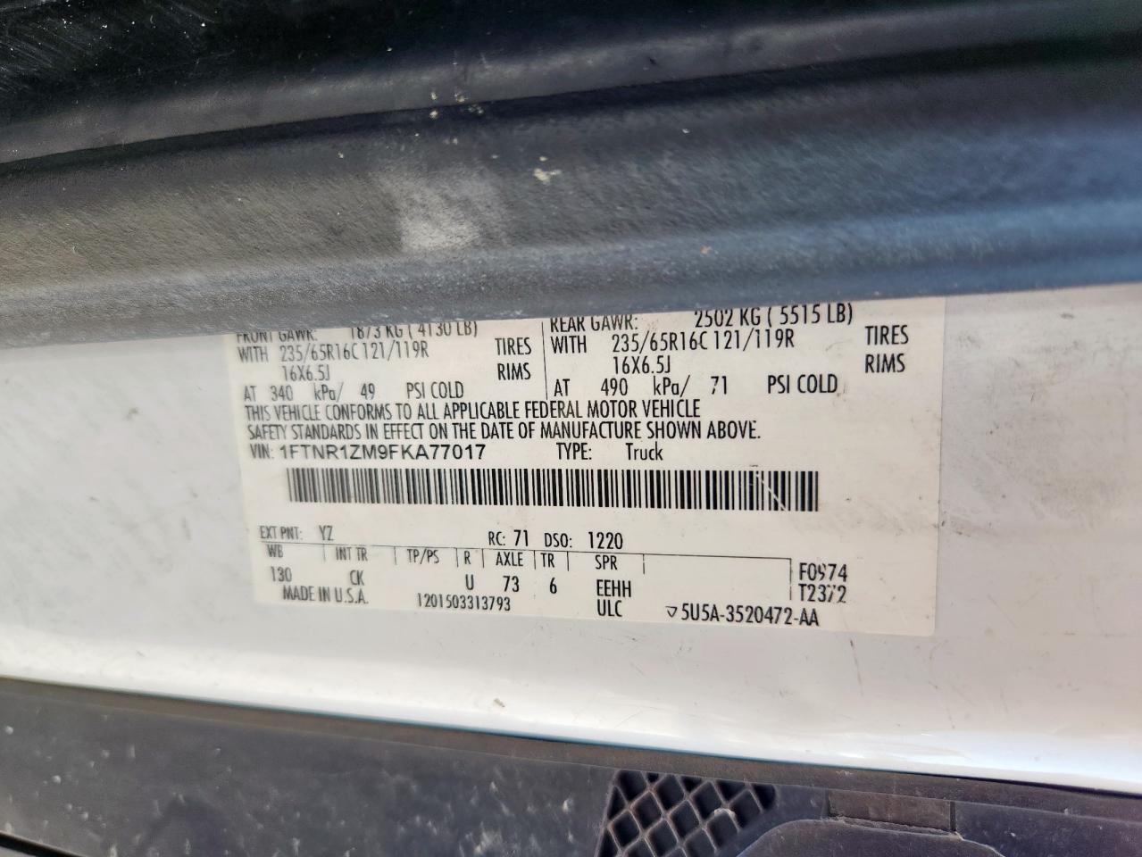 2015 Ford Transit T-250 VIN: 1FTNR1ZM9FKA77017 Lot: 71206635