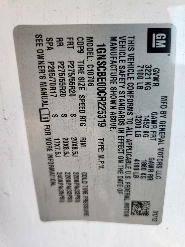 2012 Chevrolet Tahoe C1500 Lt VIN: 1GNSCBE00CR225319 Lot: 72079355