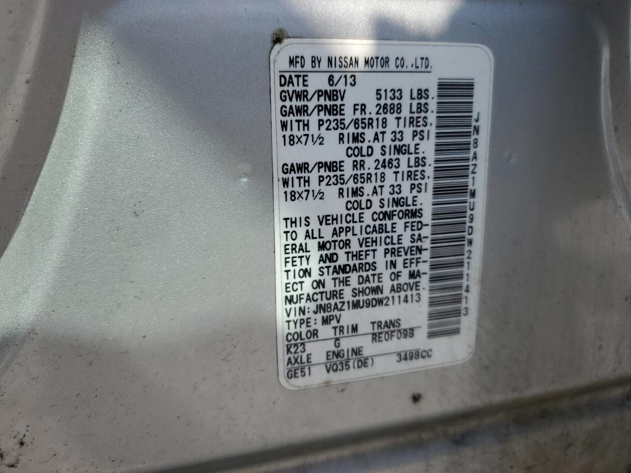 2013 Nissan Murano S VIN: JN8AZ1MU9DW211413 Lot: 80432345