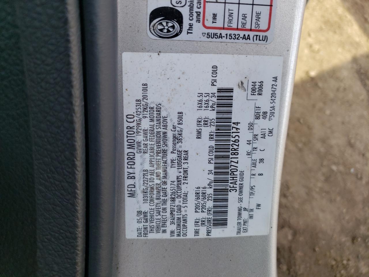 2008 Ford Fusion Se VIN: 3FAHP07Z18R265174 Lot: 84268045