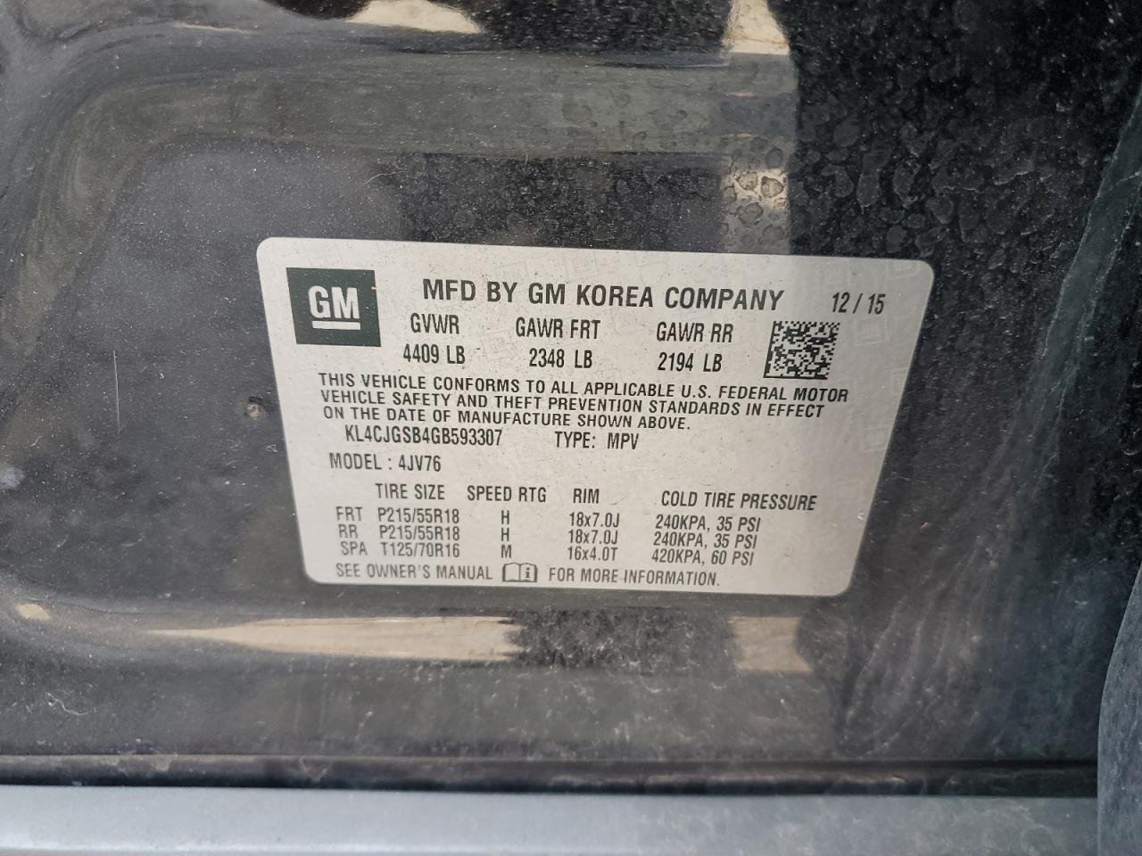 2016 Buick Encore VIN: KL4CJGSB4GB593307 Lot: 72095295