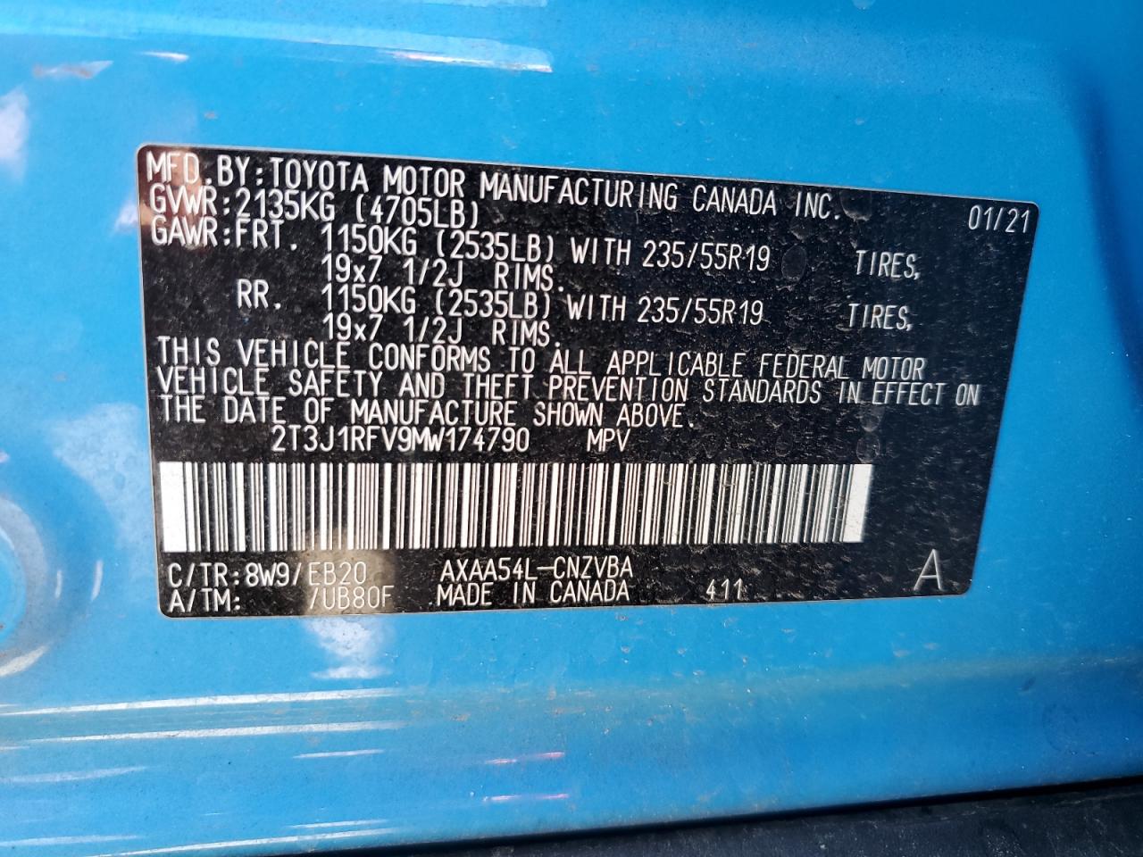 2021 Toyota Rav4 Adventure VIN: 2T3J1RFV9MW174790 Lot: 80950555