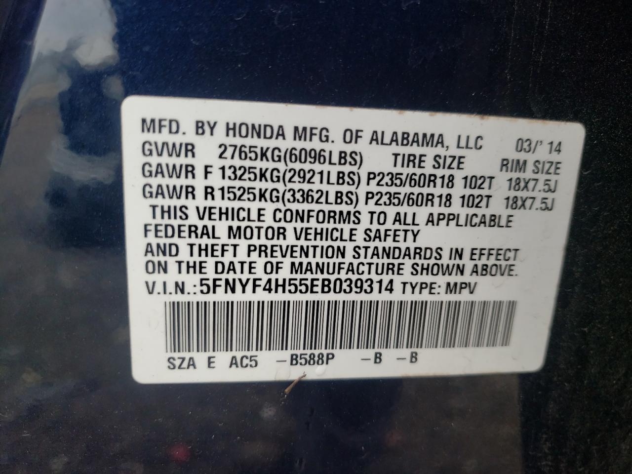 2014 Honda Pilot Exl VIN: 5FNYF4H55EB039314 Lot: 81097085