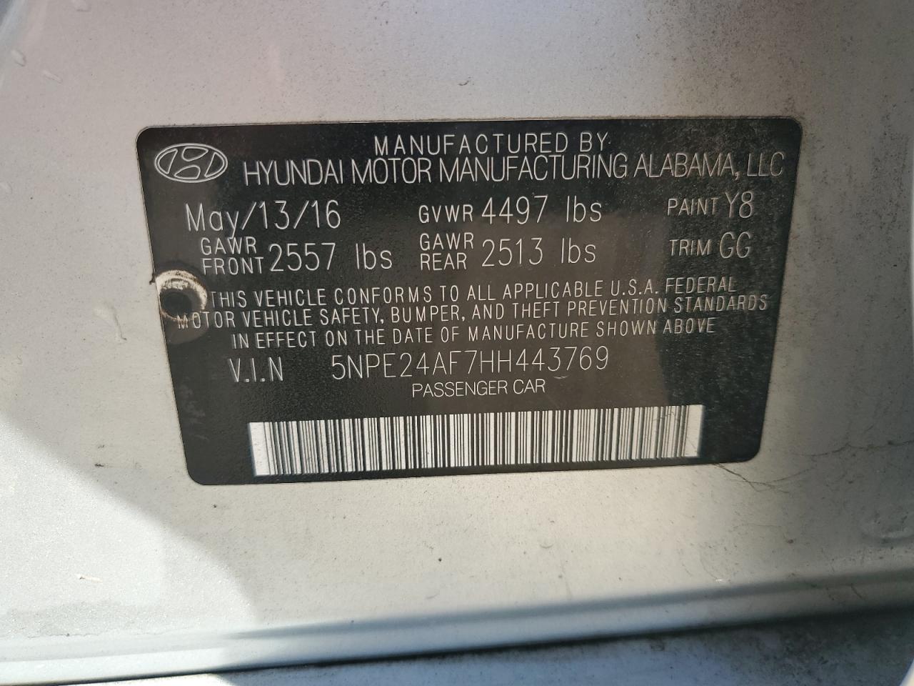 2017 Hyundai Sonata Se VIN: 5NPE24AF7HH443769 Lot: 80664195