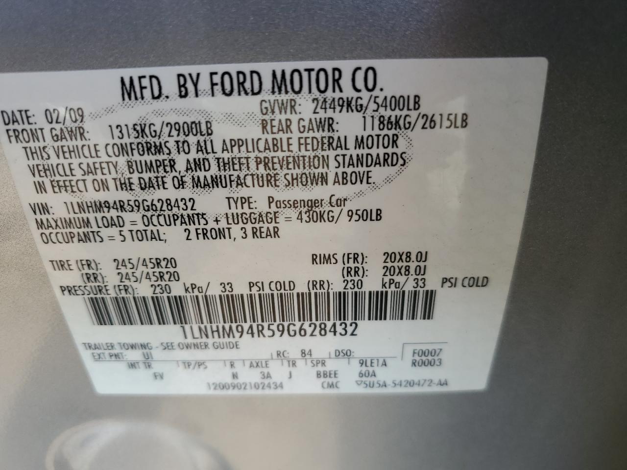 2009 Lincoln Mks VIN: 1LNHM94R59G628432 Lot: 80341005