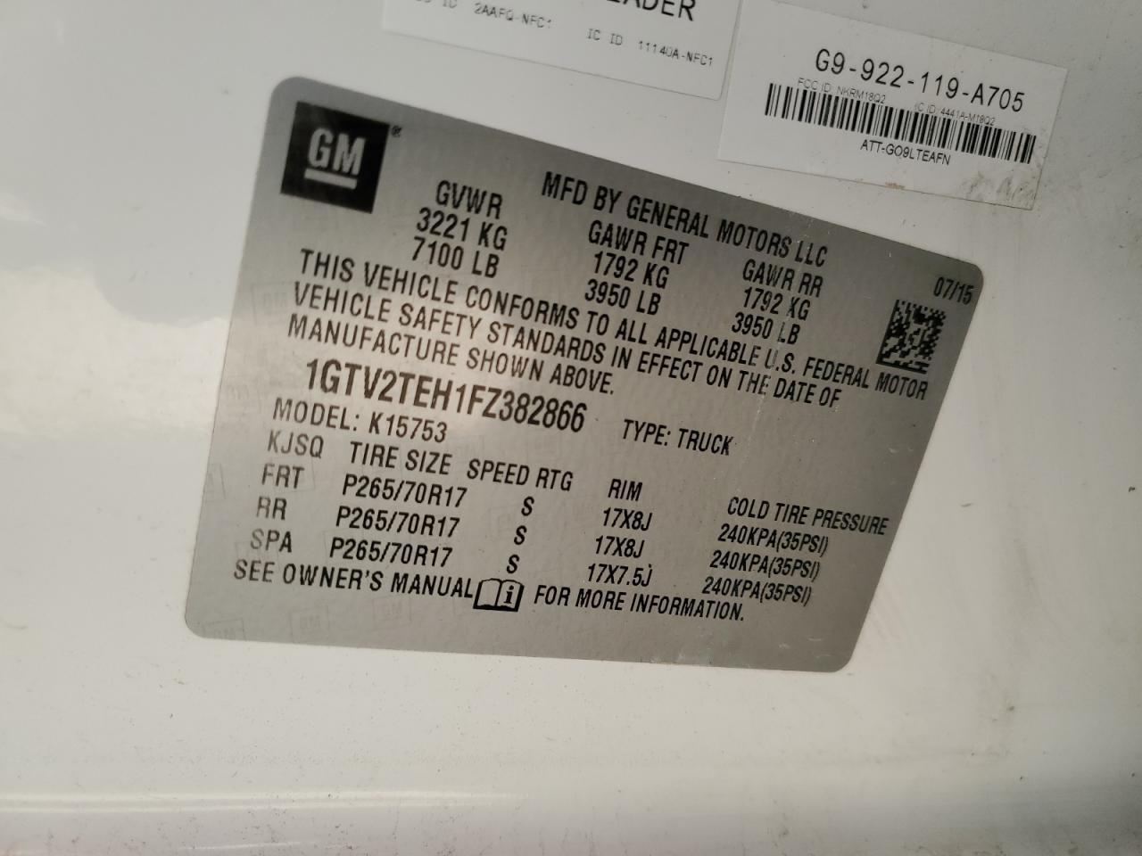 2015 GMC Sierra K1500 VIN: 1GTV2TEH1FZ382866 Lot: 84611405