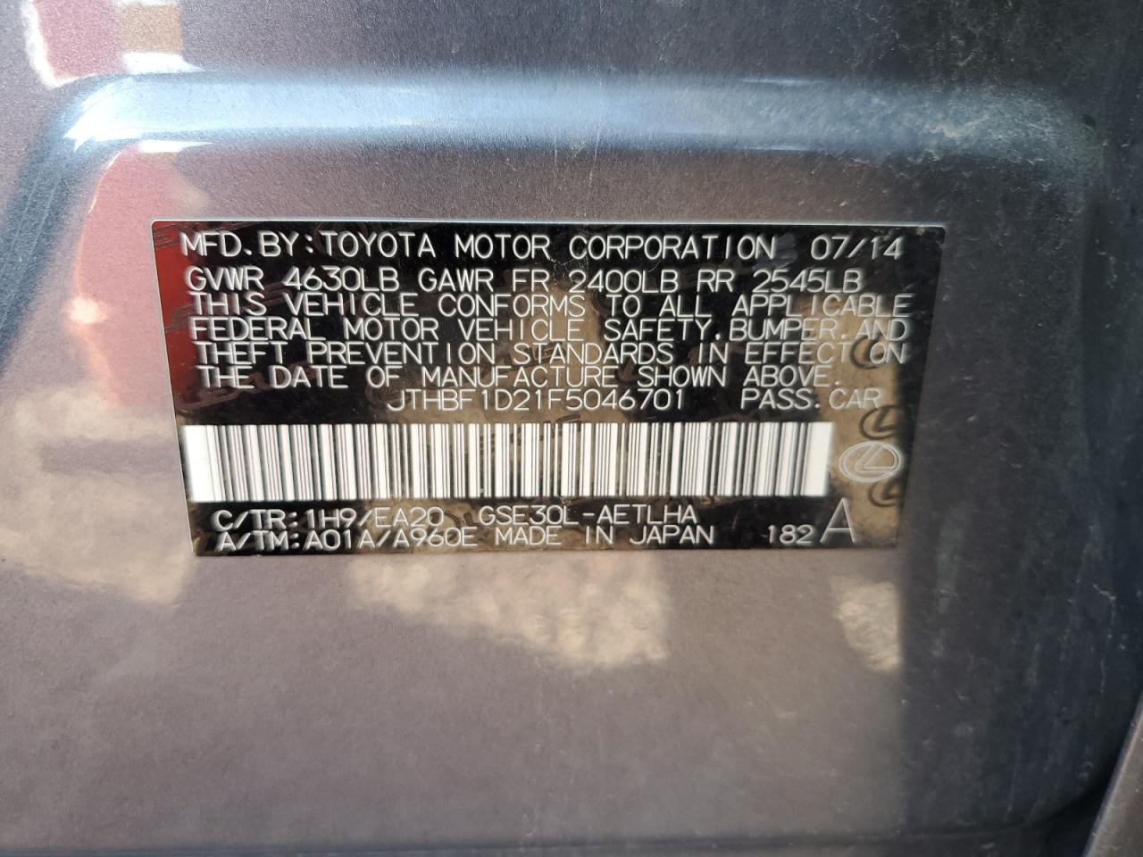 2015 Lexus Is 250 VIN: JTHBF1D21F5046701 Lot: 80915015