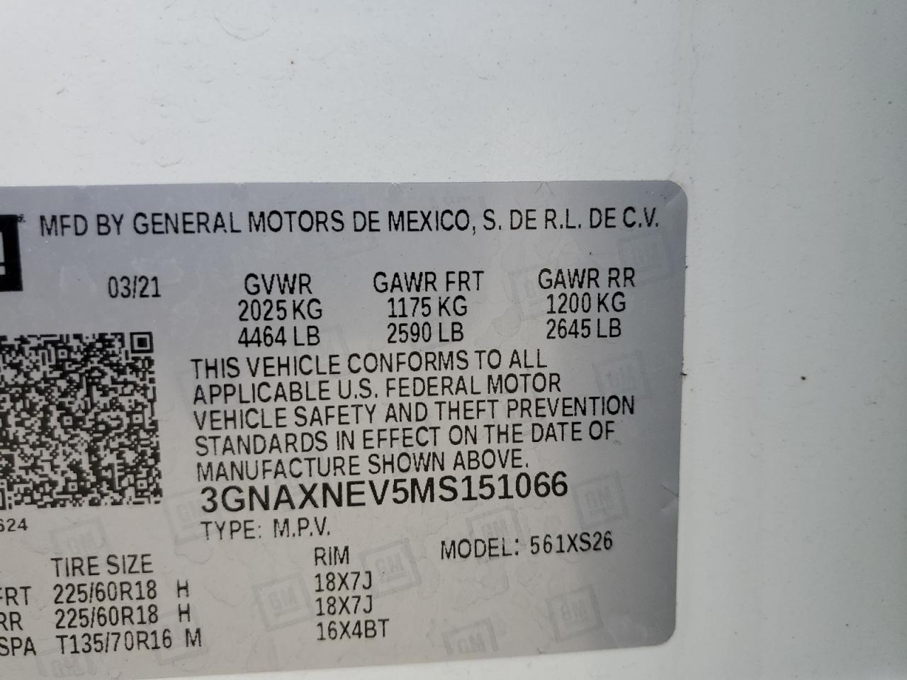2021 Chevrolet Equinox Premier VIN: 3GNAXNEV5MS151066 Lot: 83942395