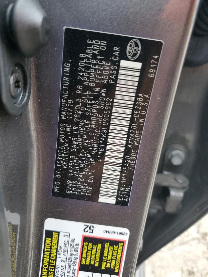 2020 Toyota Camry Se VIN: 4T1G11AK9LU905962 Lot: 81774395