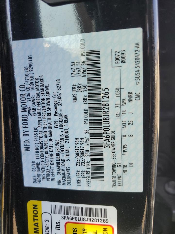 2018 Ford Fusion Se Hybrid VIN: 3FA6P0LU8JR281265 Lot: 70982485