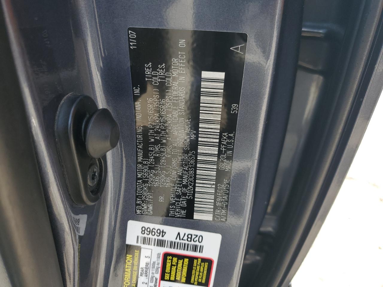 2008 Toyota Sienna Ce VIN: 5TDZK23C08S136575 Lot: 81926095