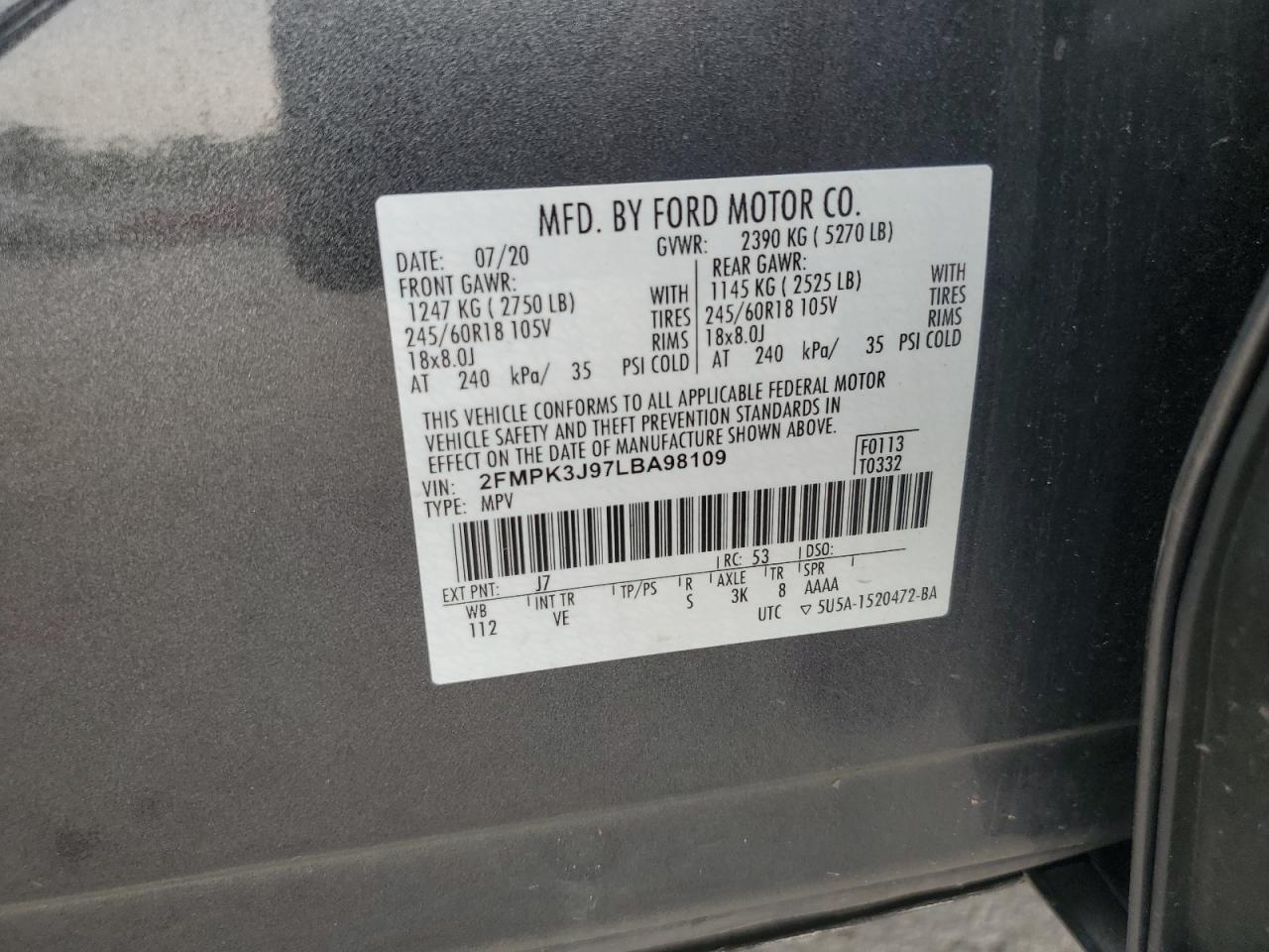 2020 Ford Edge Sel VIN: 2FMPK3J97LBA98109 Lot: 81684395