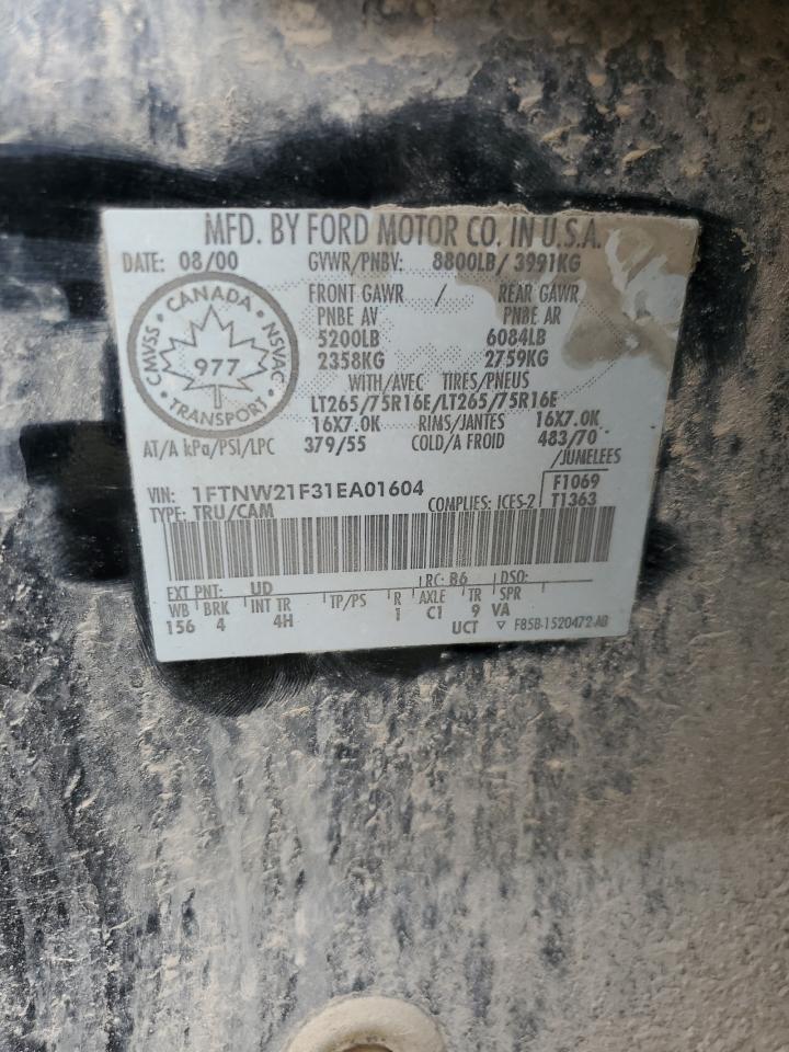 2001 Ford F250 Super Duty VIN: 1FTNW21F31EA01604 Lot: 80089495