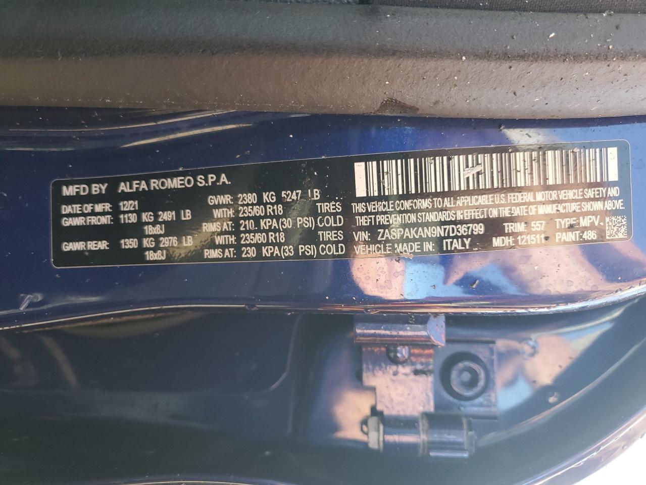 2022 Alfa Romeo Stelvio VIN: ZASPAKAN9N7D36799 Lot: 83985595