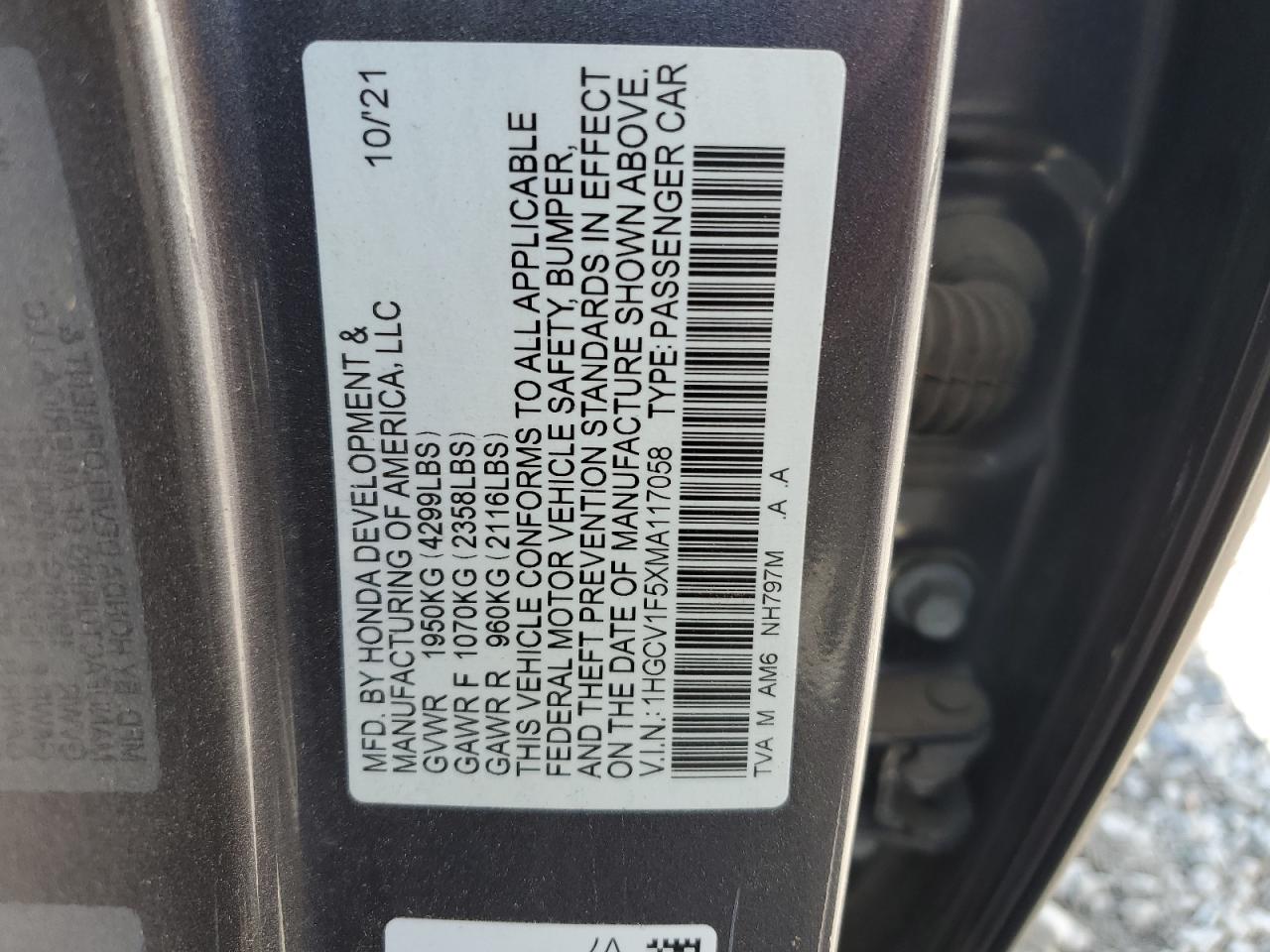 2021 Honda Accord Exl VIN: 1HGCV1F5XMA117058 Lot: 83868745
