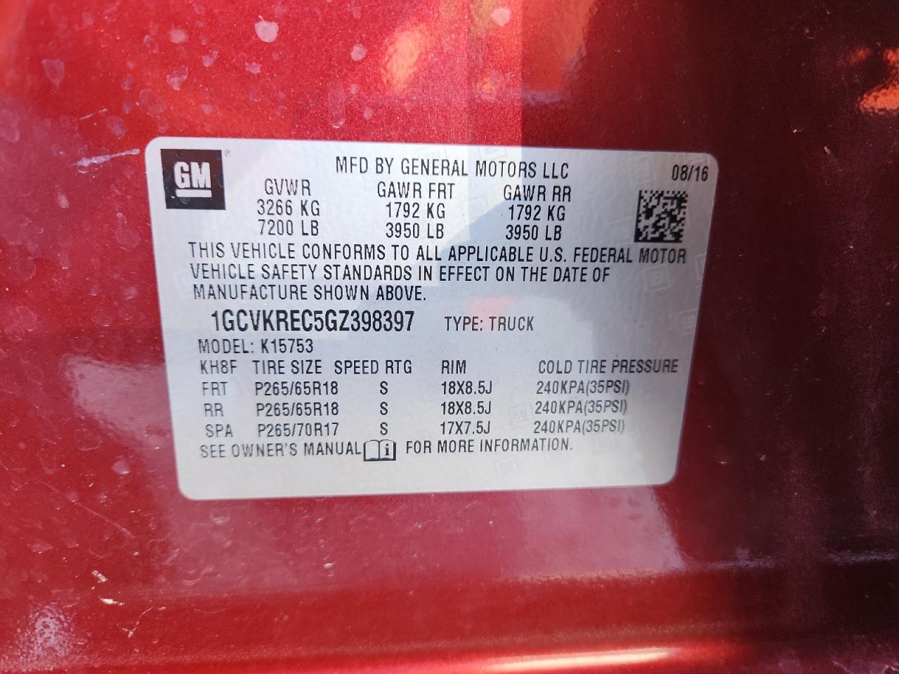 2016 Chevrolet Silverado K1500 Lt VIN: 1GCVKREC5GZ398397 Lot: 81781135