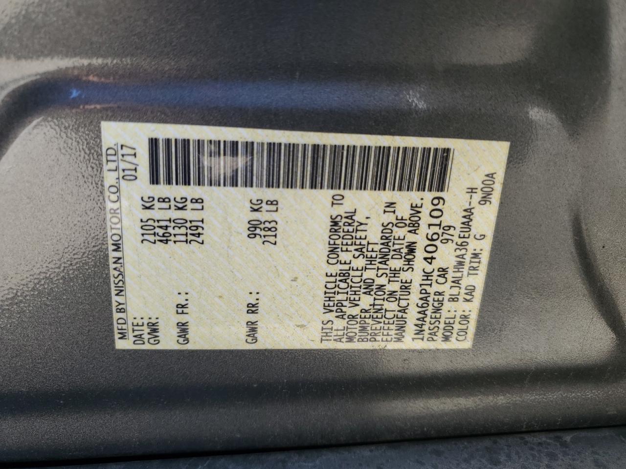 2017 Nissan Maxima 3.5S VIN: 1N4AA6AP1HC406109 Lot: 83964335